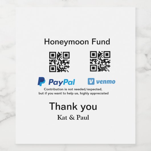 Honeymoon Fonds PayPal Venmo QR code bedankt Wijn Etiket (Enkel label)