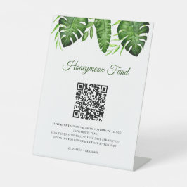 Honeymoon Fonds QR Code Tropische Huwelijksgroenbl Reclamebord Met Voetstuk