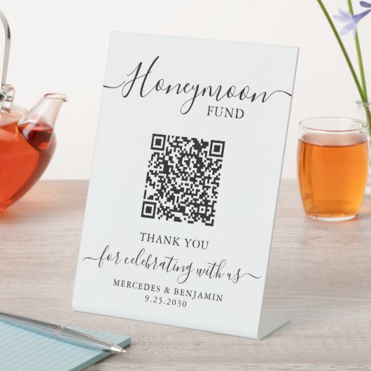 Honeymoon Fund Elegant Calligraphy QR Code Wedding Reclamebord Met Voetstuk (Insitu)