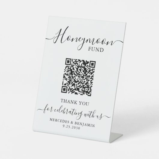 Honeymoon Fund Elegant Calligraphy QR Code Wedding Reclamebord Met Voetstuk (Voorkant)