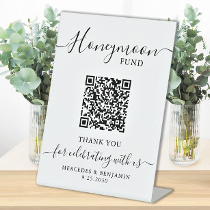 Honeymoon Fund Elegant Calligraphy QR Code Wedding Reclamebord Met Voetstuk