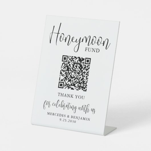 Honeymoon Fund Elegant Script QR Code Wedding Reclamebord Met Voetstuk (Voorkant)