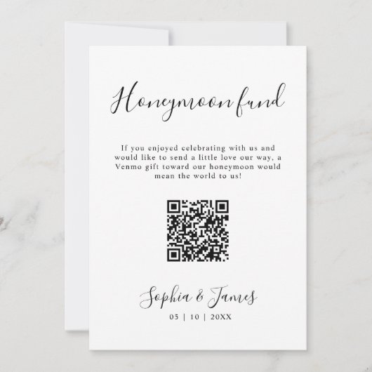 Honeymoon Fund Minimalist Wedding QR Code Sign Kaart (Voorkant)
