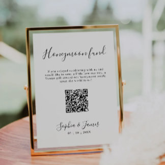 Honeymoon Fund Minimalist Wedding QR Code Sign Reclamebord Met Voetstuk