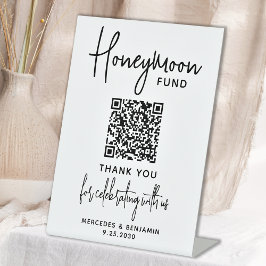 Honeymoon Fund Modern Calligraphy QR Code Wedding Reclamebord Met Voetstuk