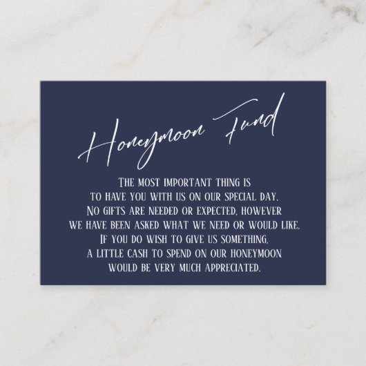 Honeymoon Fund Modern Handschrift Navy Blue Informatiekaartje (Voorkant)