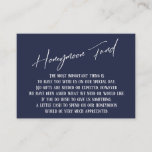 Honeymoon Fund Modern Handschrift Navy Blue Informatiekaartje<br><div class="desc">Deze eenvoudige, kenmerkende kaarttussenvoegsels werden ontworpen om andere punten in een het groeien gebeurtenisreeks aan te passen die een moderne casual het handschrijven doopvont over een duidelijke achtergrond kenmerkt u in om het even welke kleur kunt veranderen u houdt van. Aan de voorkant lees je "Honeymoon Fund" in het uitgeruste...</div>