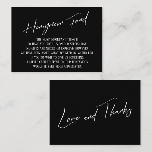 Honeymoon Fund Modern Handwriting Black & White Informatiekaartje (Voorkant / Achterkant)