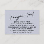 Honeymoon Fund Modern Handwriting Dusty Blue Informatiekaartje<br><div class="desc">Deze eenvoudige, kenmerkende kaarttussenvoegsels werden ontworpen om andere punten in een het groeien gebeurtenisreeks aan te passen die een moderne casual het handschrijven doopvont over een duidelijke achtergrond kenmerkt u in om het even welke kleur kunt veranderen u houdt van. Aan de voorkant lees je "Honeymoon Fund" in het uitgeruste...</div>