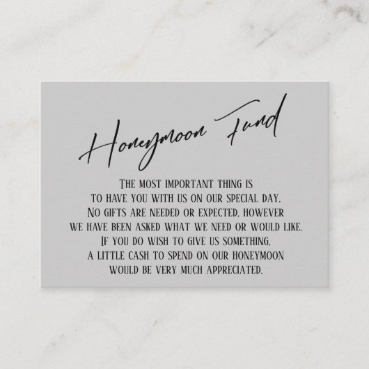 Honeymoon Fund Modern Handwriting Light Grey Informatiekaartje (Voorkant)