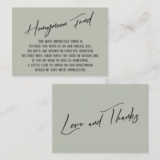Honeymoon Fund Modern Handwriting Sage Green Informatiekaartje (Voorkant / Achterkant)