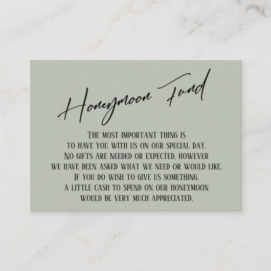 Honeymoon Fund Modern Handwriting Sage Green Informatiekaartje (Voorkant)