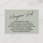 Honeymoon Fund Modern Handwriting Sage Green Informatiekaartje<br><div class="desc">Deze eenvoudige, kenmerkende kaarttussenvoegsels werden ontworpen om andere punten in een het groeien gebeurtenisreeks aan te passen die een moderne casual het handschrijven doopvont over een duidelijke achtergrond kenmerkt u in om het even welke kleur kunt veranderen u houdt van. Aan de voorkant lees je "Honeymoon Fund" in het uitgeruste...</div>