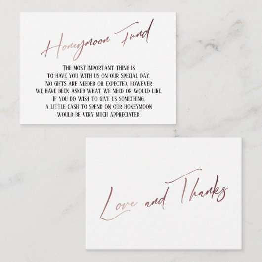 Honeymoon Fund Modern Roos Gold Handwriting Informatiekaartje (Voorkant / Achterkant)
