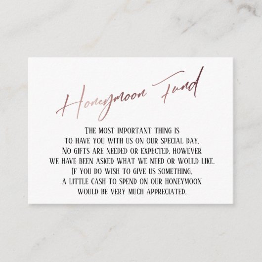 Honeymoon Fund Modern Roos Gold Handwriting Informatiekaartje (Voorkant)