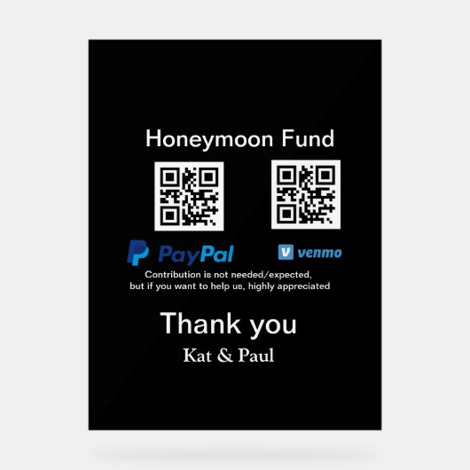 Honeymoon Fund PayPal Venmo QR code bedankt Acryl Bord (Voorkant)