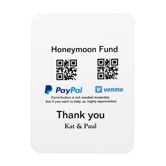 Honeymoon Fund PayPal Venmo QR code bedankt Magneet (Verticaal)