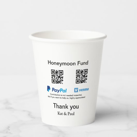 Honeymoon Fund PayPal Venmo QR code bedankt Papieren Bekers (Voorkant)