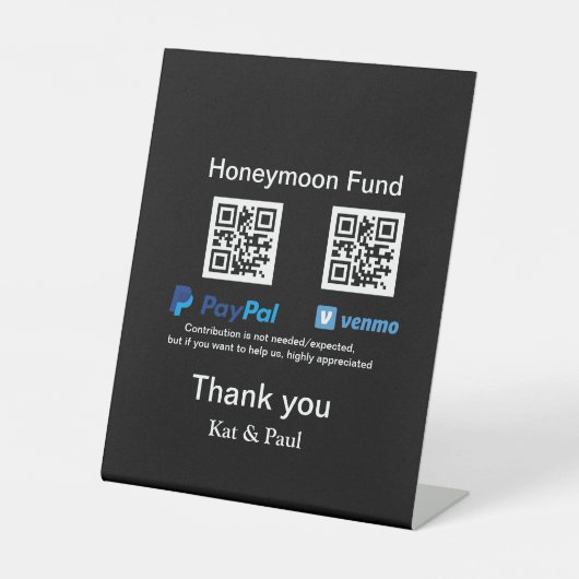 Honeymoon Fund PayPal Venmo QR code bedankt Reclamebord Met Voetstuk (Voorkant)