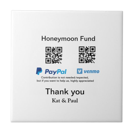 Honeymoon Fund PayPal Venmo QR code bedankt Tegeltje (Voorkant)