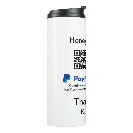 Honeymoon Fund PayPal Venmo QR code bedankt Thermosbeker (Gedraaid links)