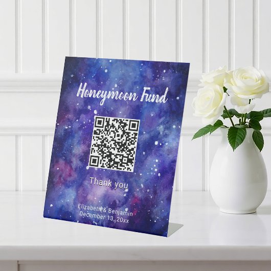 Honeymoon Fund QR Code Galaxy Sterrennacht Wedding Reclamebord Met Voetstuk