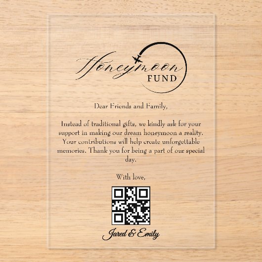 Honeymoon Fund QR Code Reisfonds Aanvraag Acryl Uitnodigingen (Voorkant)