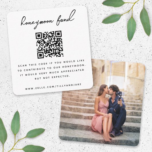 Honeymoon Fund QR Code Wedding Photo Minimal White Informatiekaartje
