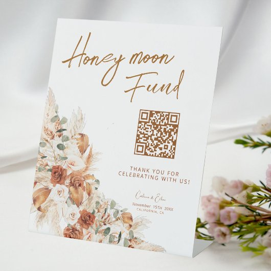 Honeymoon Fund QR Wedding Modern Rustic Reclamebord Met Voetstuk