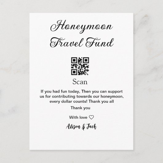 Honeymoon fund scan QR codeadd name  Briefkaart (Voorkant)