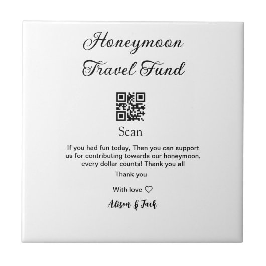 Honeymoon fund scan QR codeadd name  Tegeltje (Voorkant)