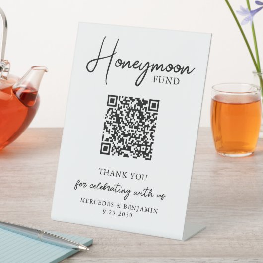Honeymoon Fund Simple Handwrite QR Code Wedding Reclamebord Met Voetstuk (Insitu)