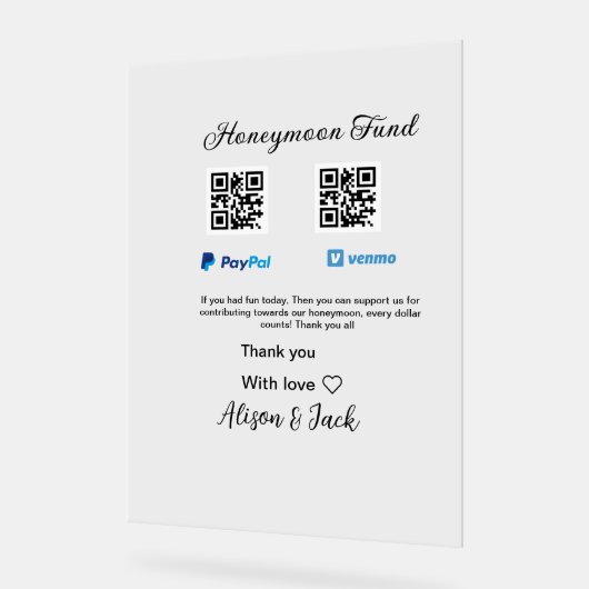 Honeymoon fund venomo paypal donatie Q R paar Acryl Bord (Hoek)