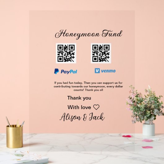 Honeymoon fund venomo paypal donatie Q R paar Acryl Bord (Huwelijk)