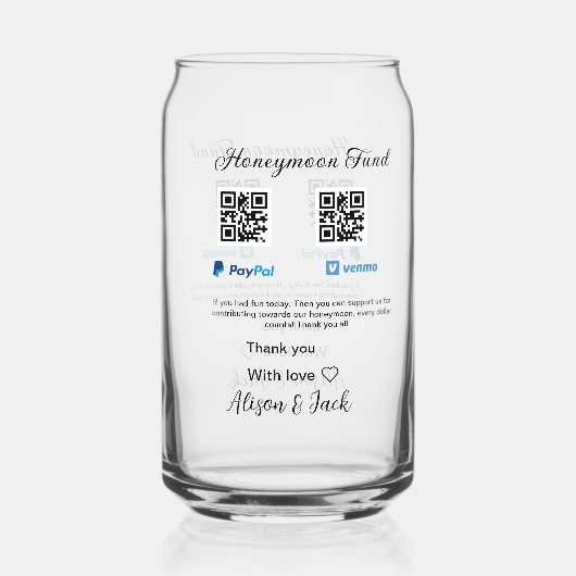 Honeymoon fund venomo paypal donatie Q R paar Blikvorm Glas (Achterkant)
