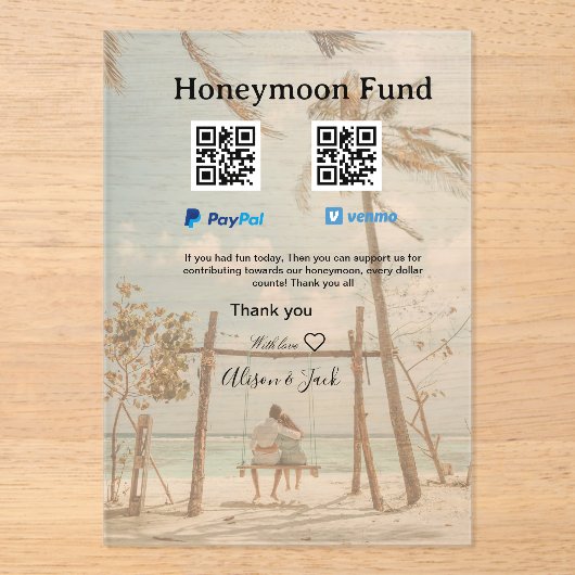 Honeymoon fund venomo paypal donation Q R couple Acryl Uitnodigingen (Voorkant)