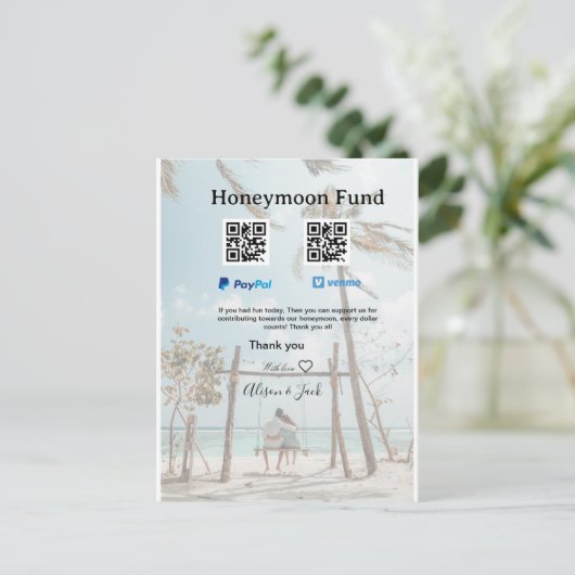 Honeymoon fund venomo paypal donation Q R couple Briefkaart (Staand voorkant)