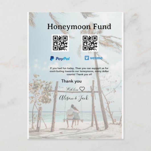 Honeymoon fund venomo paypal donation Q R couple Briefkaart (Voorkant)