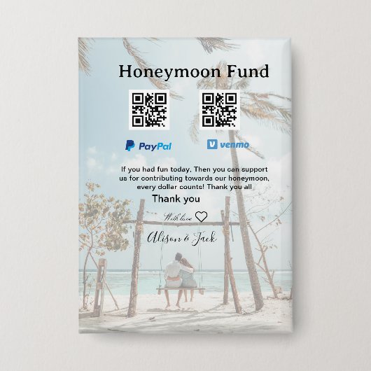 Honeymoon fund venomo paypal donation Q R couple Button (Voorkant)