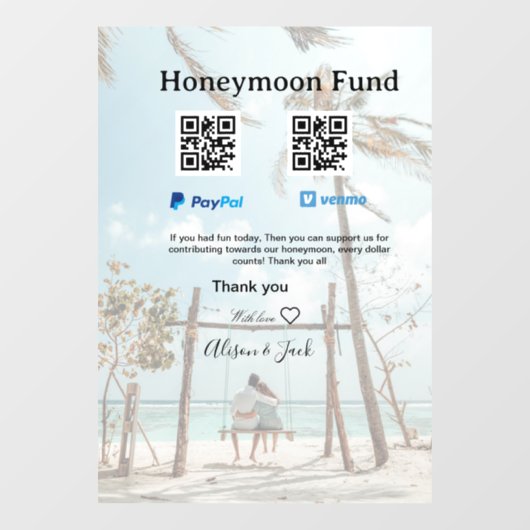 Honeymoon fund venomo paypal donation Q R couple Raamsticker (Vel)