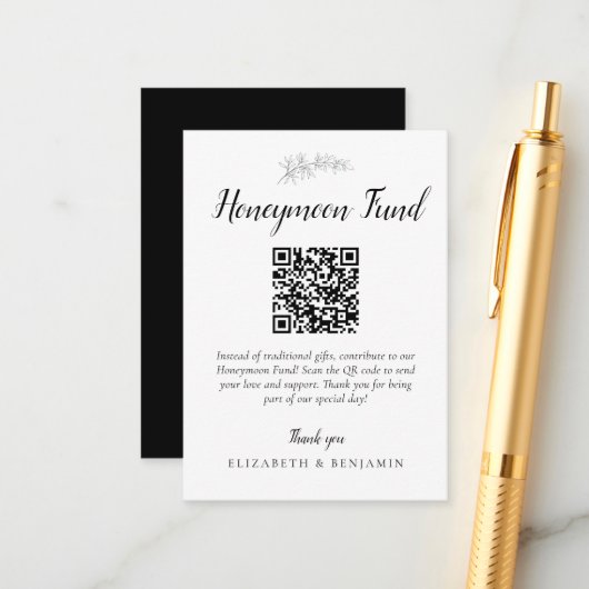 Honeymoon Fund Wedding QR Code Minimal Elegant Informatiekaartje (Voorkant / Achterkant in situ)