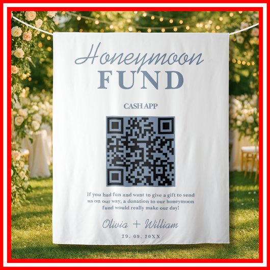 Honeymoon Fund Wedding QR Dusty Blue Achtergrond Wandkleed