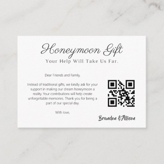Honeymoon Fund Wedding Registry Gift QR Code Informatiekaartje (Voorkant)