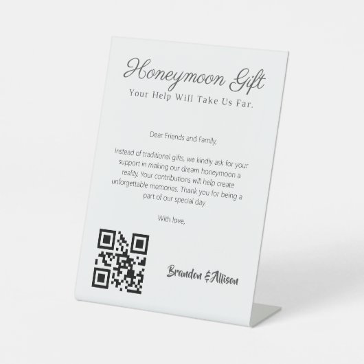 Honeymoon Fund Wedding Registry Gift QR Code Reclamebord Met Voetstuk (Voorkant)