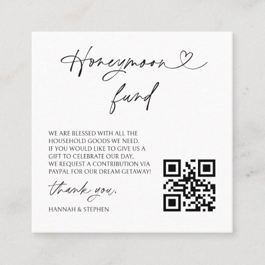 Honeymoon Fund Wedding Request Enclosure QR Card Vierkante Visitekaartje (Voorkant)