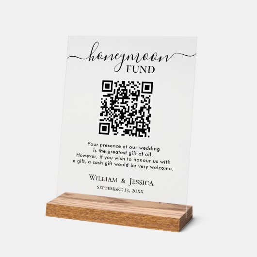 Honeymoon Fund With QR Code Acryl Bord (Hoek)