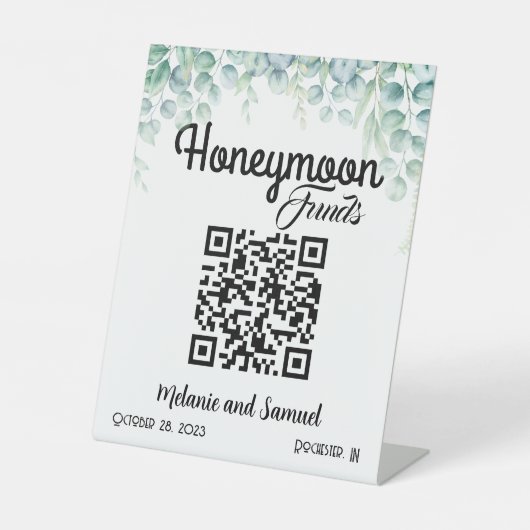 Honeymoon Funds QR Code Eucalyptus Weddenschap Reclamebord Met Voetstuk (Voorkant)