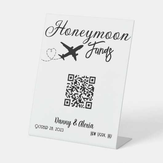 Honeymoon Funds QR Code Wedding Airplane Reclamebord Met Voetstuk (Voorkant)
