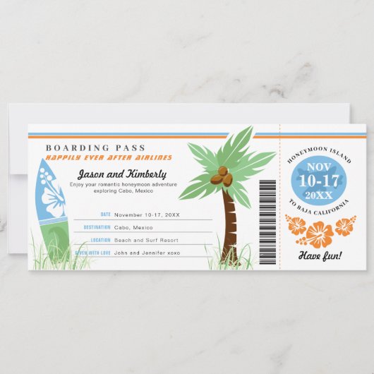 Honeymoon Gift Boarding Pass Palm Tree Surf Board Kaart (Voorkant)