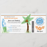 Honeymoon Gift Boarding Pass Palm Tree Surf Board Kaart<br><div class="desc">Denk aan een creatieve manier om een cadeau te geven aan een bruid en een bruine huwelijksreis. Hier is een boarding Pass to Honeymoon Island met een Palm Tree, Surf Board en Hibiscus Flowers. De kleuren zijn in lichtblauw, groen en Oranje. Als u van een ander kleurenschema of om het...</div>